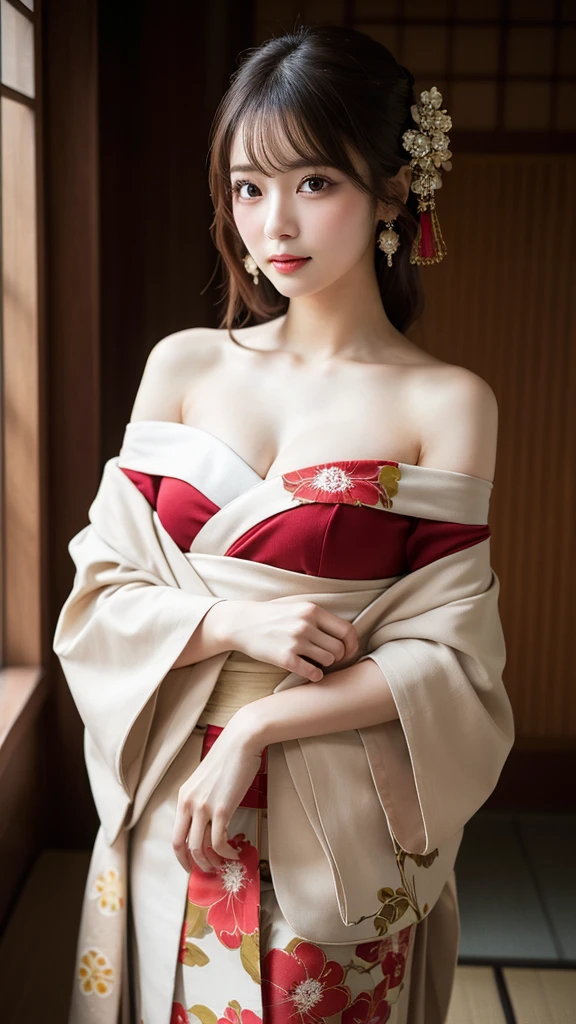 Best Quality, High Resolution, 8K Wallpaper, Beautiful Eyes, Natural Lips, Masterpiece, Super Hi-Res, (Real:1.5) RAW Image, One Woman, Off Shoulder, Japanese Oiran, Decollete, Full Length