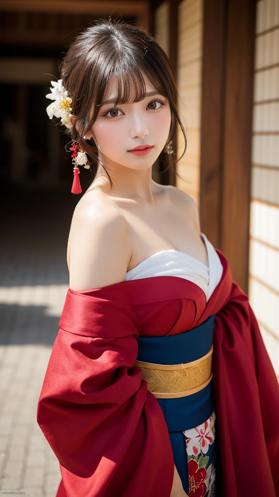 Best Quality, High Resolution, 8K Wallpaper, Beautiful Eyes, Natural Lips, Masterpiece, Super Hi-Res, (Real:1.5) RAW Image, One Woman, Off Shoulder, Japanese Oiran, Decollete, Full Length