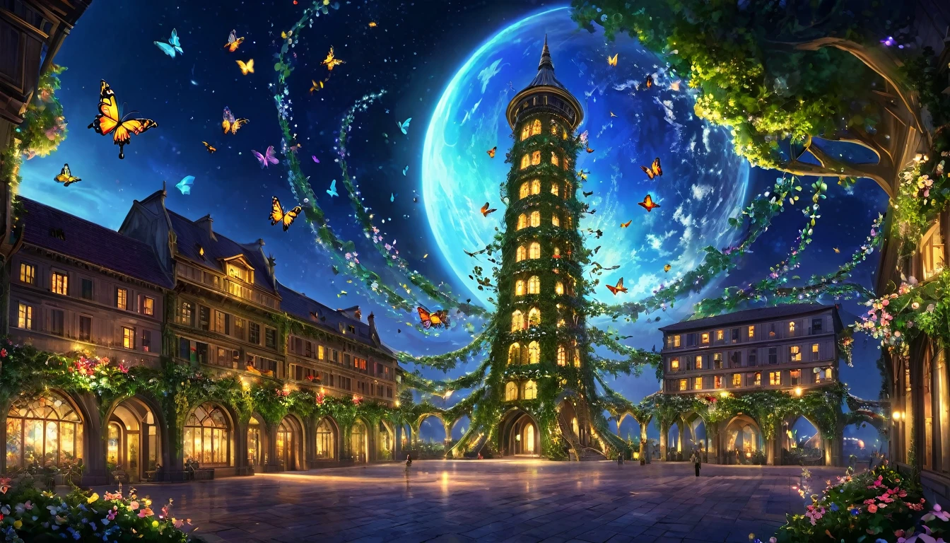 Fantasy art,
At night, the World Tree Tower is built, which emits a transparent, glowing sap. Around the tower are vines entwined around it, and colorful butterflies and flowers fly through the air.、 The surrounding space itself becomes like a huge closed space., Beautiful light decoration, Wide Shot, Realistic, Epic shots, Detailed Buildings, Detailed colorful butterflies and flowers
