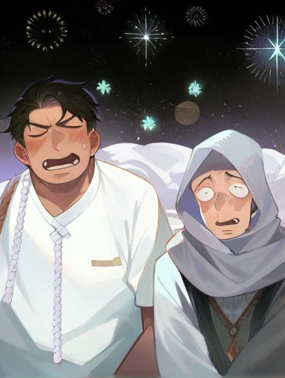 A husband and wife from Indonesia perform the Hajj pilgrimage in Mecca wearing ihram clothing. Kaaba background at night.