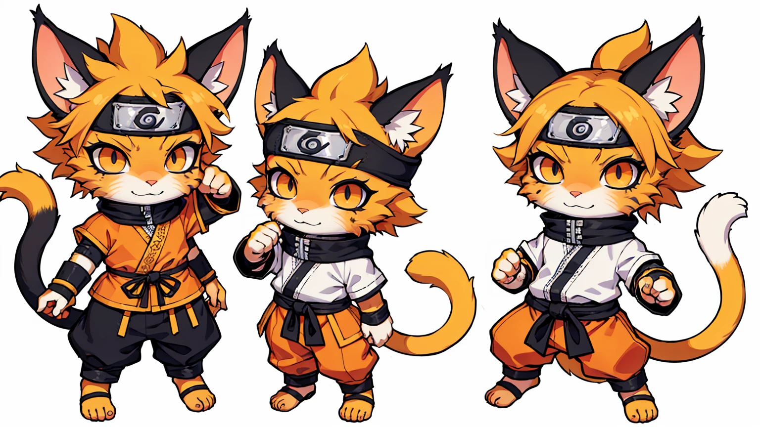 a cat warrior character, cat ears, furry, (full body:1.2) , chibi, advanced digital chibi art, g liulian art style, maplestory mouse, bian lian, chibi art, league of legends art style, character art of maple story, ((view at the viewer)), (((Naruto Uzumaki costume))), ((white background)), simple background
