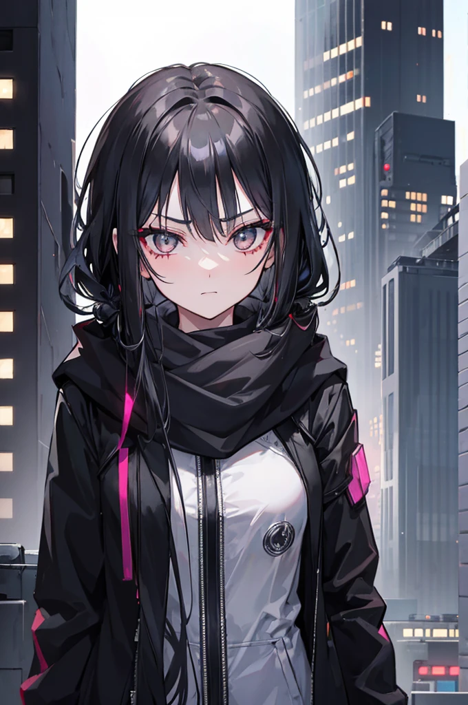 1girl, long black hair, beautiful silver eyes, a black jacket, gray scarf, cyberpunk city, scar on eye, menacing