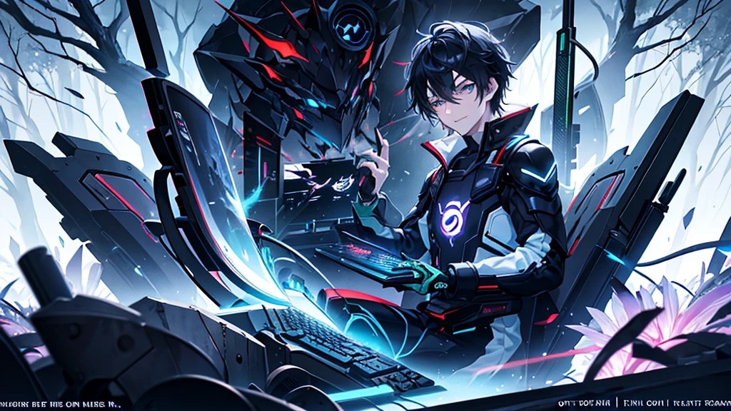 A captivating anime-style logo showcases a radiant 25-year-old male character with black hair and iris of the greenish sparkling eyes. He is seated in an ergonomic gamer chair, immersed in his gaming experience. His hands are firmly gripping the mouse and keyboard, eyes intently fixed on the monitor. Despite his intense focus, a subtle smile adorns his face. The surrounding environment is a dark and fantastic forest, with a bonfire nearby.. The atmosphere is both mysterious and inviting, immersing the viewer in a world of enchantment and adventure.