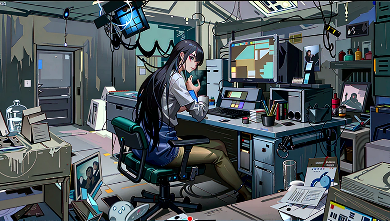 There is a painting，Painting of a woman sitting at a table in a room, Senior Concept Artist, keyframe illustration, Inspired by veteran environment artists, Conceptual art for video games, Illustration Concept Art, Aliens working on, 2D Concept Art, Master&#39;s Research, Sitting at his desk, Professional Concept Art, scifi illustration, Mostly grayscale, Concept art scene