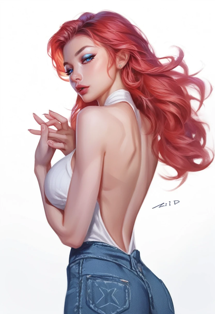 fuzzy, traditional art, Liu2, brush texture, check_9, check_8_up, check_7_up, 1 girl, Red hair, up to the shoulder blades, straight hair, long hair, Blue eyes, Plump lips, Long eyelashes, half-closed eyes, adult, beautiful make-up, big breasts, blue eyeshadow, Looking at the viewer, BREAK solo, standing, adult, skinny, high leg, arched back, hip gap, BREAK (White background:1.2), simple background, dynamic pose, dynamic angle, Corner shot, casual wear, Beautiful anatomy, perfect hands, High-quality fingers, good hands, high detail, detailed art