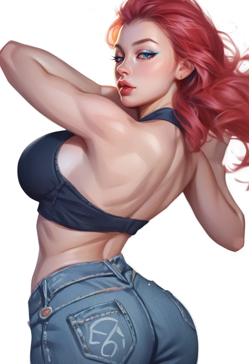 fuzzy, traditional art, Liu2, brush texture, check_9, check_8_up, check_7_up, 1 girl, Red hair, up to the shoulder blades, straight hair, long hair, Blue eyes, Plump lips, Long eyelashes, half-closed eyes, adult, beautiful make-up, big breasts, blue eyeshadow, Looking at the viewer, BREAK solo, standing, adult, skinny, high leg, arched back, hip gap, BREAK (White background:1.2), simple background, dynamic pose, dynamic angle, Corner shot, casual wear, Beautiful anatomy, perfect hands, High-quality fingers, good hands, high detail, detailed art