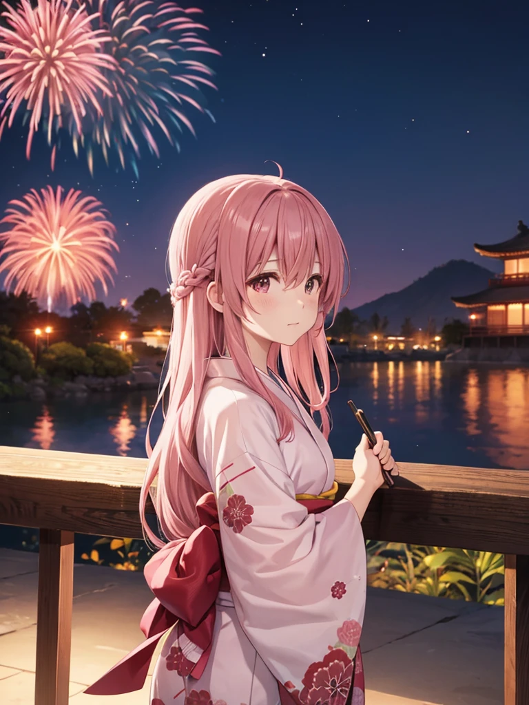 Shoko, kimono night in firework ,dusty rose hair, long hair