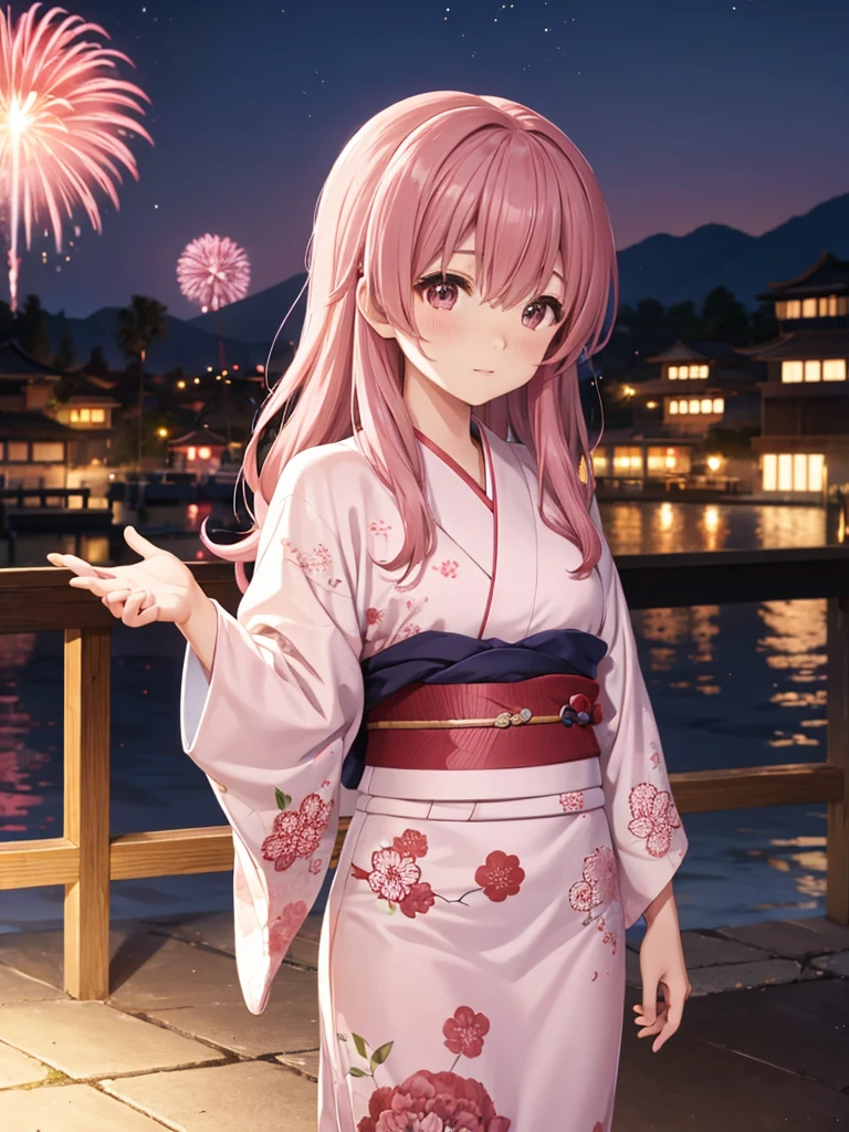 Shoko, kimono night in firework ,dusty rose hair, long hair