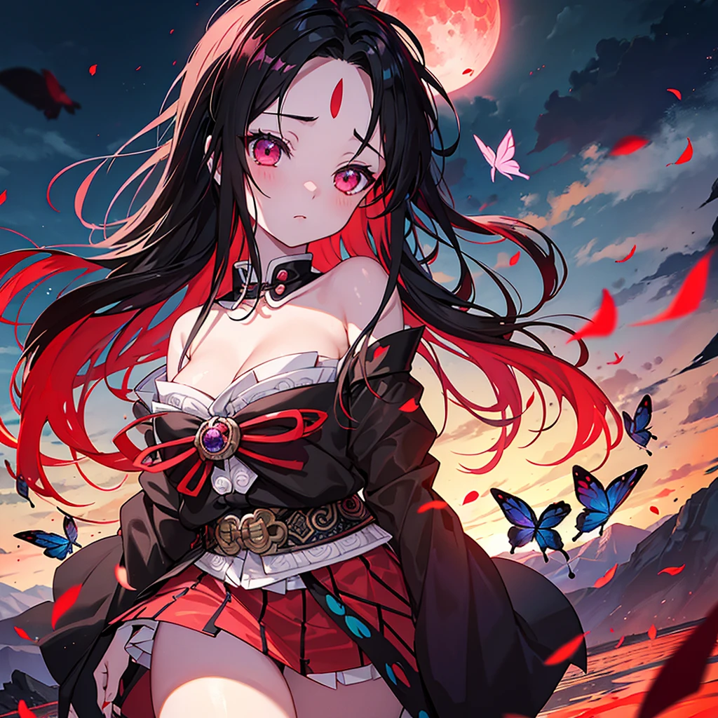 a beautiful girl, blurring full red moon on background , Mysterious, dreamy, dark fantasy, close face, close shot, cloudy, lots of cloud surrounding, kimetsu no Yaiba , magical beauty, butterflies fly around
