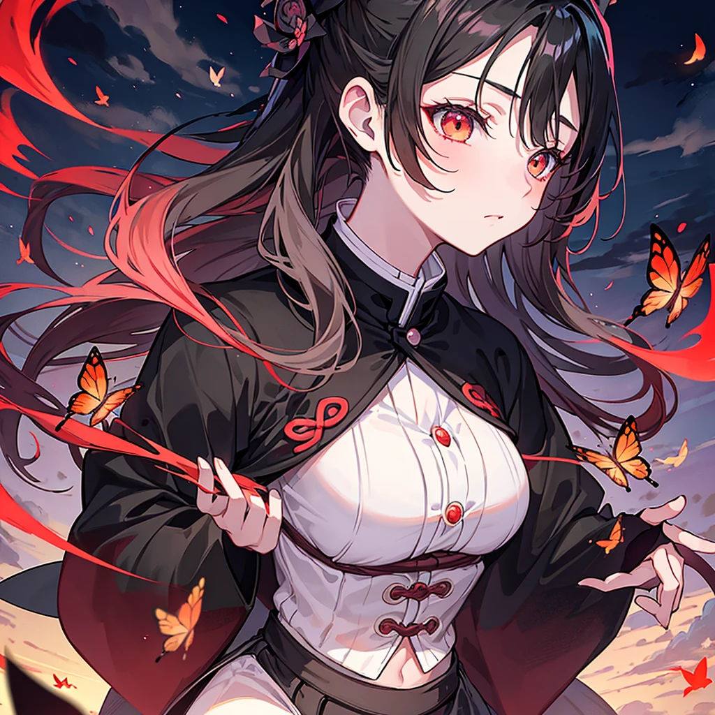 a beautiful girl, blurring full red moon on background , Mysterious, dreamy, dark fantasy, close face, close shot, cloudy, lots of cloud surrounding, kimetsu no Yaiba , magical beauty, butterflies fly around