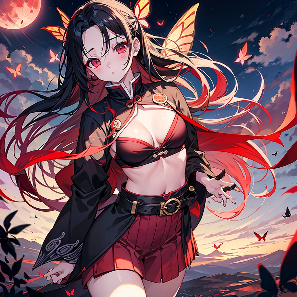 a beautiful girl, blurring full red moon on background , Mysterious, dreamy, dark fantasy, close face, close shot, cloudy, lots of cloud surrounding, kimetsu no Yaiba , magical beauty, butterflies fly around