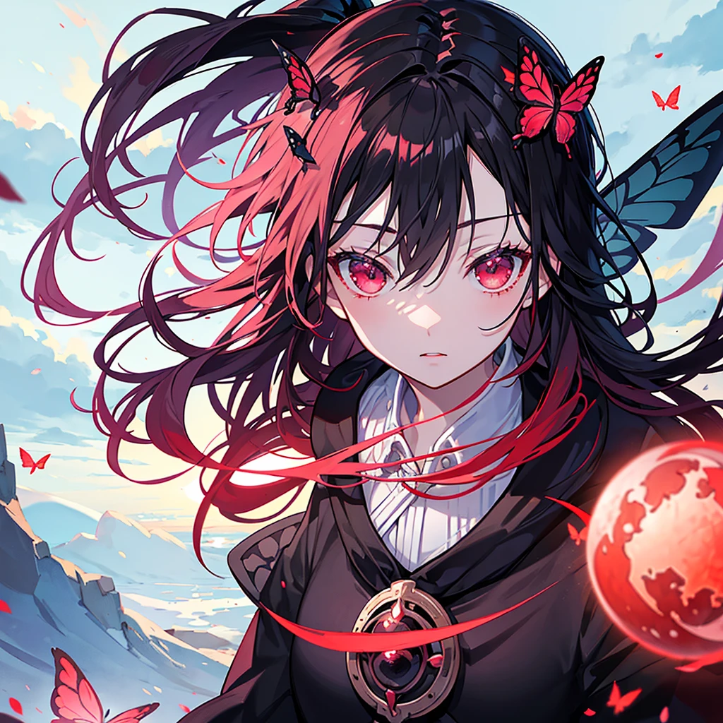 a beautiful girl, blurring full red moon on background , Mysterious, dreamy, dark fantasy, close face, close shot, cloudy, lots of cloud surrounding, kimetsu no Yaiba , magical beauty, butterflies fly around 
