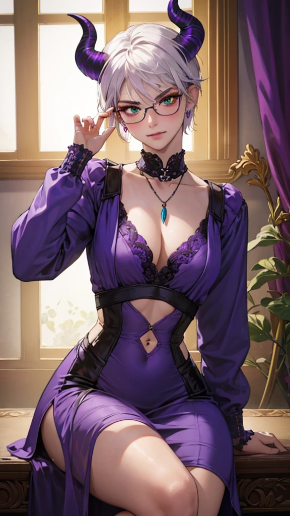 8k, masterpiece, best quality, highly detailed, 1 girl, tiefling, warlock, multicolored hair, very short straight hair green highlight hair on white hair, strippled hair, wearing glasses, round glasses, earrings, red eyeshadow, long eyelashes,navel piercing, blushed cheek, necklace, collarbone, mole, glamorous, purple and teal clothing, villainy, smirk, seductive face, halfbody view, rings, looking at viewer, demon horns, solo, antique dress, ballroom, palace, blue pale moon, sitting,