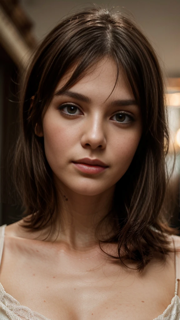 a beautiful woman, 26 years old, brunette, wispy bangs, detailed eyes, detailed lips, flawless skin, serene expression, elegant pose, soft lighting, warm color palette, cinematic composition, masterpiece, highly detailed, photorealistic, 8k, hyperrealistic