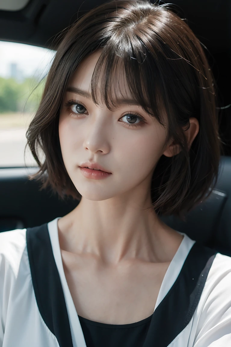 portrait of slim 1girl bang, wavy short hair, as sales person, at car center, wide angle, close up