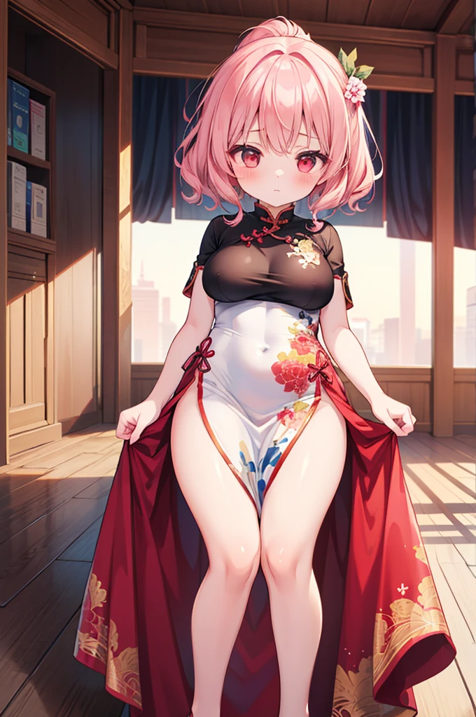 nsfw,((Masterpiece)),((high resolution)),((Best Quality)),Anime illustration,((1girl)),(wavy hair),(short hair),(pale pink hair color),small ponytail,Red eyes,(Big round eyes),((tareme)),,((loli face)),ry big breasts)),Short stature,,,china dress,blush,I&#39;m very embarrassed,arms up behind,