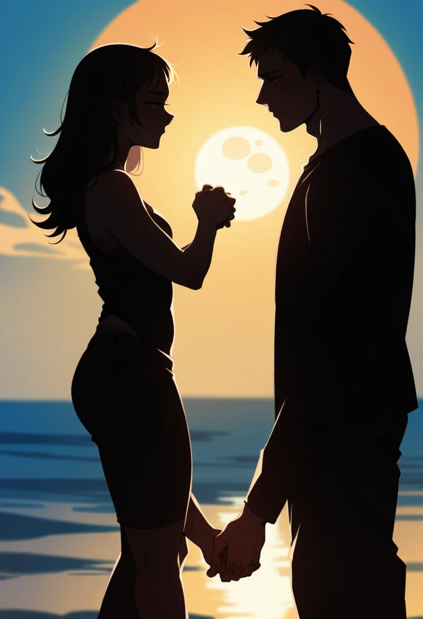 The silhouette of a woman whose body is the color of the universe and her head is the beautiful moon and a man with the body of the universe and the head of a perfect sun shaking hands face to face with a dondo that highlights both people