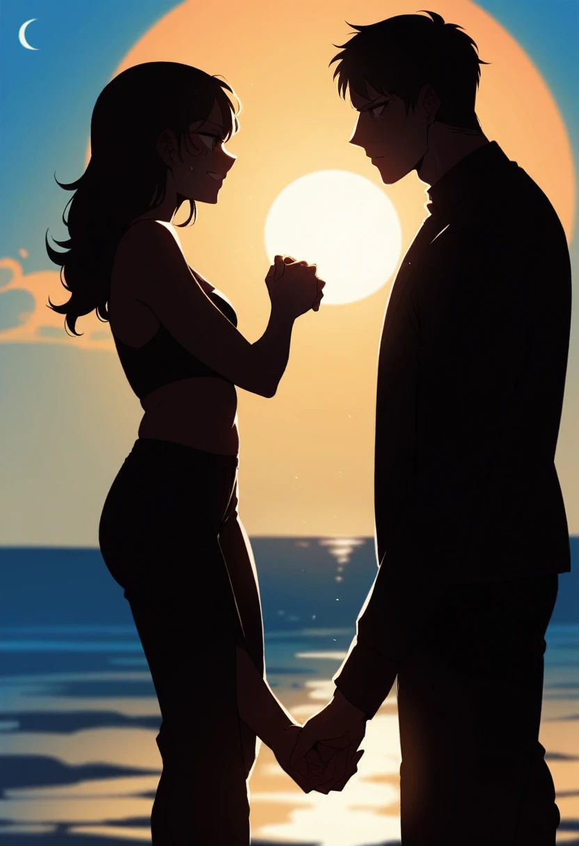 The silhouette of a woman whose body is the color of the universe and her head is the beautiful moon and a man with the body of the universe and the head of a perfect sun shaking hands face to face with a dondo that highlights both people
