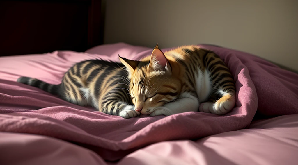 Anime style, kitten, sleeping in bed