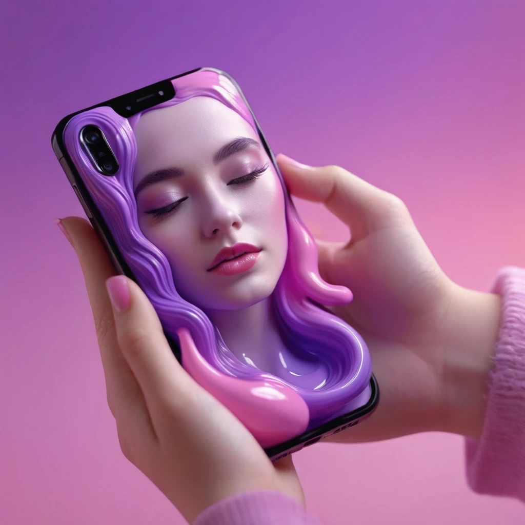smartphone in her hand, blackhair female hands holding dildo to her face, that is glowing with pink and purple colours, dripping wet, closeup macro photo, minimalistic, in a light purple and pink style, with soft edges and blurred details, in the toycore style, with a 3D render, on a colorful background, with a minimalist stage design, in a surreal style, with a cinema4D rendering, with a minimalist style, with low saturation, using gradient colors, with a cinema4D rendering, with a blender rendering, with super detail, at a super high resolution, at a super high definition