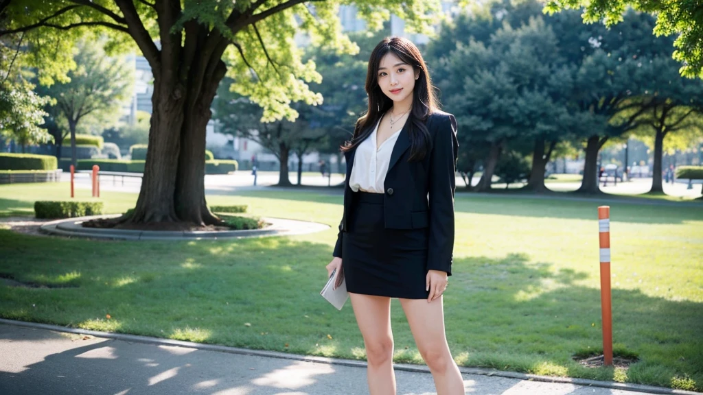 (RAW Photos:1.2), (Realistic:1.4),Beautiful detailed woman,非常にBeautiful Eyesと顔, Beautiful Eyes, Very detailedな,High resolution, Very detailed,Highest quality,Awareness-raising,Unified,8k wallpaper,masterpiece,Highest quality,1 female,alone,rich,Esbian all over,(Normal body type:0.85),Thin legs,alone,(suit,Pencil Skirt,High heels),jewelry, necklace ,Semi-long hair,A kind smile,A dignified atmosphere,black eye,Realistic,Hibiya Park , (Morning Park:1.1),(Stand upright:1.4)