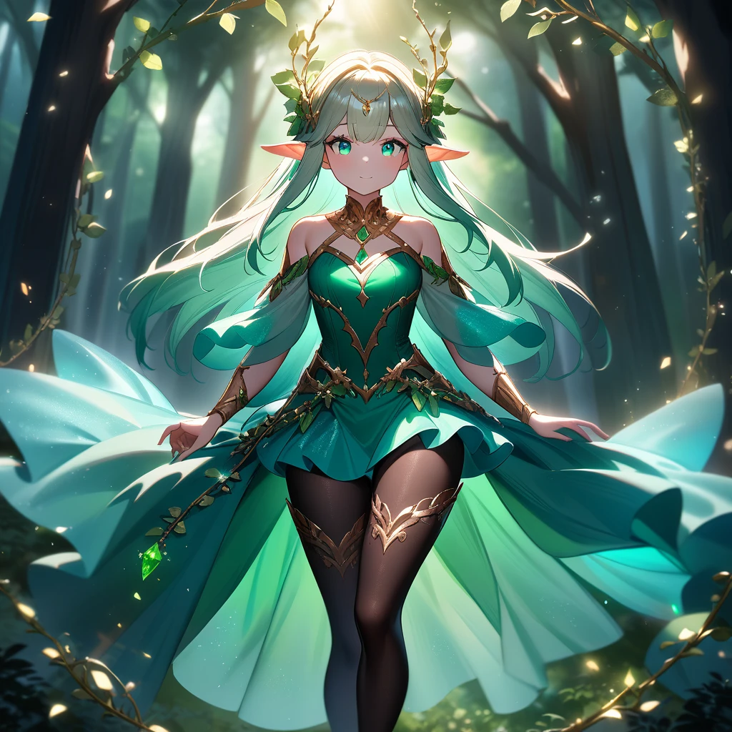 A stunning elven princess wearing a shimmering emerald-green mini skirt paired with tights featuring intricate golden vine patterns. The outfit is adorned with delicate silver jewelry, and she stands in an enchanted forest. Tags: best quality, ultra-detailed, cinematic lighting, magical atmosphere, high fantasy, ethereal glow.