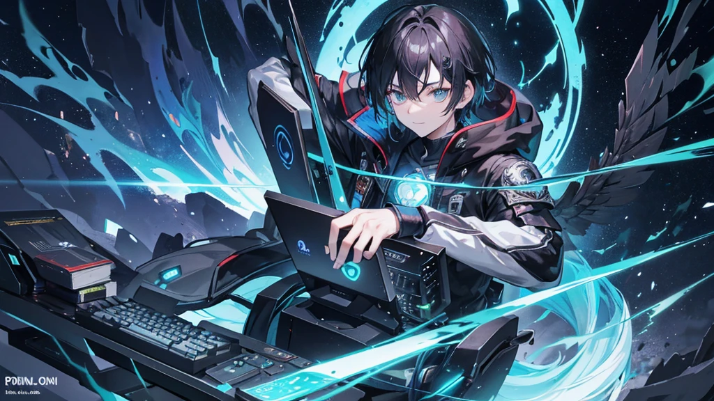 A captivating anime-style logo showcases a radiant 25-year-old male character with black hair and iris of the greenish sparkling eyes. He is seated in an ergonomic gamer chair, immersed in his gaming experience. His hands are firmly gripping the mouse and keyboard, eyes intently fixed on the monitor. Despite his intense focus, a subtle smile adorns his face. The surrounding environment is a dark and fantastic forest, with a bonfire nearby.. The atmosphere is both mysterious and inviting, immersing the viewer in a world of enchantment and adventure.