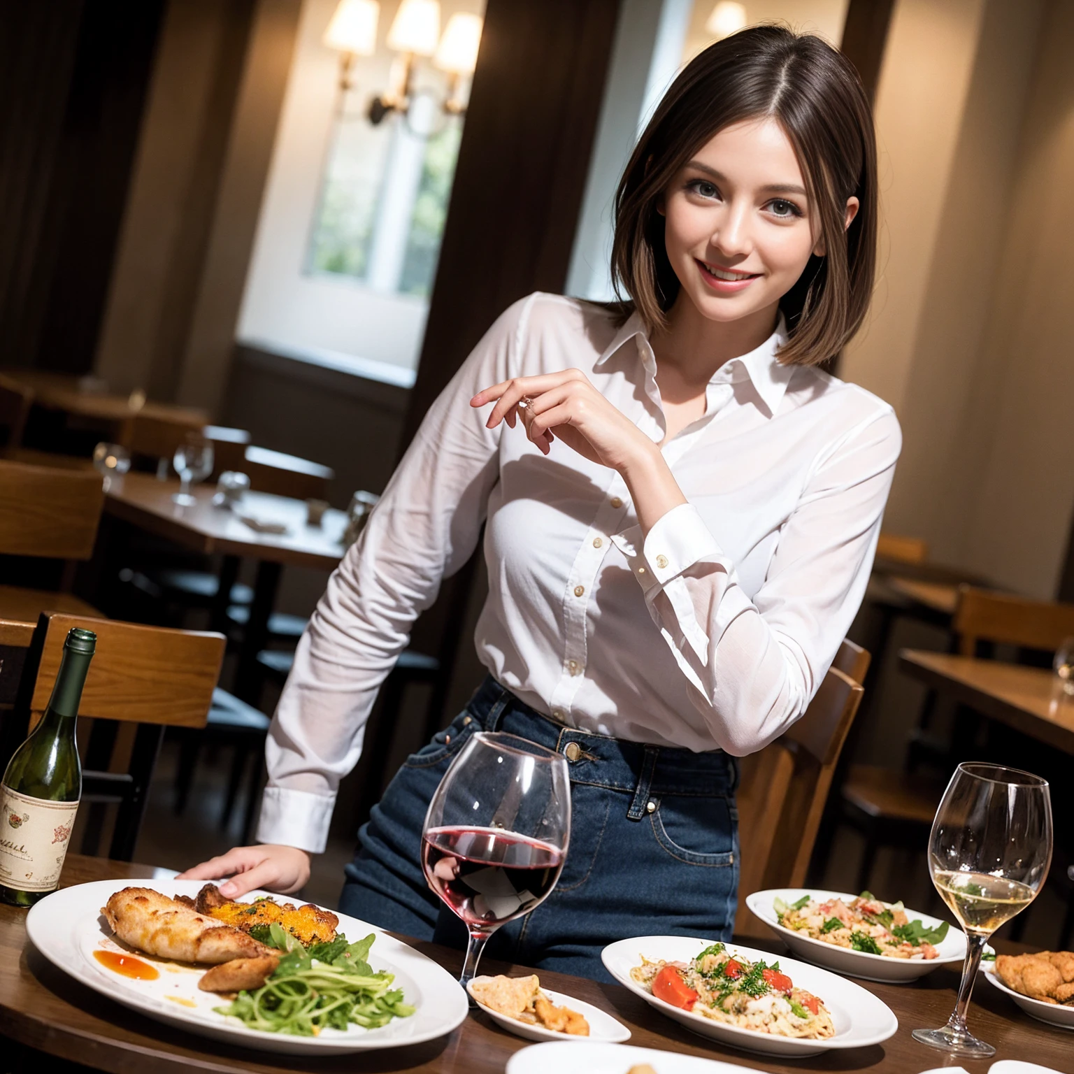 ((Highest quality、8K、masterpiece:1.3))、slimカップル、modelカップル、(Realistic, Intricate details:1.2), full-course dinner、Wine Party、Amazing view of the sunset sky and clouds、A bright smile、The wonderfulness of smile、Bright image、The beauty of wine, Beautiful Face, blue eyes, The light shines on your face, Blushing, short hair,Bright Face、 (Age 37), 39 years old, red wine 、Appetizers、Italian food、Wine bottle、Champagne、sparkling wine、Two beauties、Brown Hair、Shortcuts、Long sleeve shirt、dress、Beautiful woman 1, (slimな顔), (The body is slim), (Brown Hair), (Shortcuts), cheeks turn a little red,Attractive beauty、restaurant, In a prominent place (From the waist up) Nova Frog Style, actress, model, Upper Body, White wine, slim, wine glass, 中央に置かれたwine glass, smile, (smile: 1.15), Beautiful fine grain, Depth f/2,saturation, High Contrast, Strong light and shadow,Moist Body:1.5、3D texture、Delicate eyes、Brown Hair、The hair is very shiny、