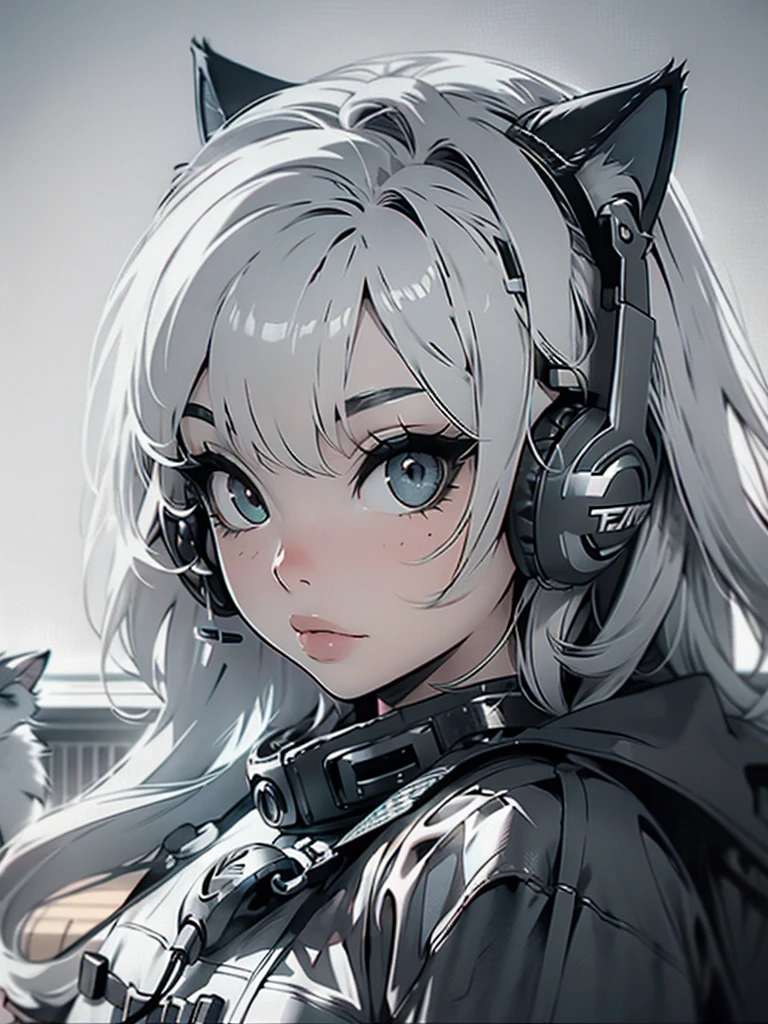 High quality, one girl, close-up, black and white, monochrome, cat headphones