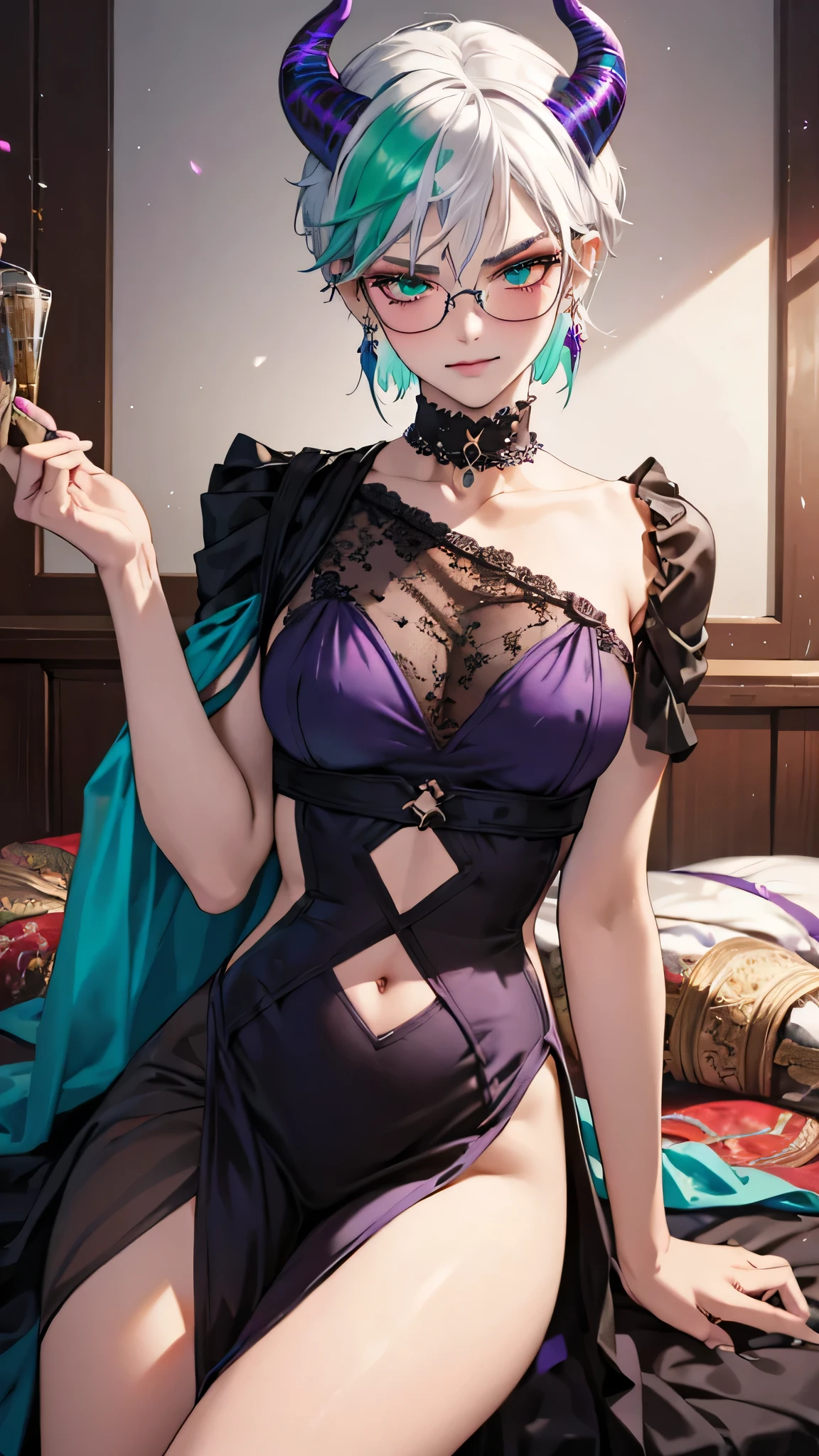 8k, masterpiece, best quality, highly detailed, 1 girl, tiefling, warlock, multicolored hair, very short straight hair green highlight hair on white hair, strippled hair, wearing glasses, round glasses, earrings, red eyeshadow, long eyelashes,navel piercing, blushed cheek, necklace, collarbone, mole, glamorous, purple and teal clothing, villainy, smirk, seductive face, halfbody view, rings, looking at viewer, demon horns, solo, antique dress, ballroom, palace, blue pale moon, sitting,