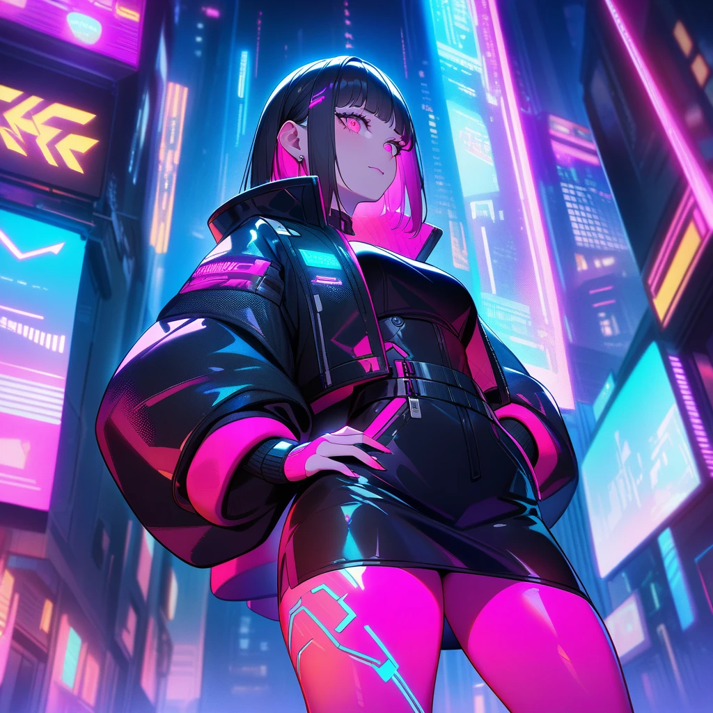 A cyberpunk warrior woman in a sleek, black leather mini skirt with neon-blue and pink tights displaying circuit board designs. The cityscape behind her is illuminated with neon lights. Tags: best quality, ultra-detailed, neon lighting, futuristic, vibrant colors, cyberpunk aesthetic.