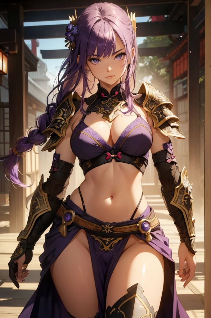 ((1girl, solo)), beautiful body, (perfect anatomy, perfect body, perfect hands, perfect legs), natural proportions, sexy body, large breasts, ((full body, full body front)) BREAK

((extremely detailed face)), (beautiful detailed eyes:1.6), (realistic pupils, realistic iris:1), expressive eyes, looking at viewer, (clear eyes:1.3), (hyperrealistic:1.2), (detailed skin texture:1.2), smooth skin, (raiden shogun), (purple hair:1.5), (purple eyes), long hair, very long hair, braid, ((braided ponytail)), bangs, parted bangs, hair ornament, hair tie, ((mature female)), ((little smile)), (detailed lips:1.2), (attractive lips:1.1), (glossy lips:1.1), (parted lips), perfect face, perfect eyes BREAK

(revealing clothes:1.5), (bikini armor:1.5), (japanese armor:1.5), (samurai armor), detached sleeves, (shoulder armor:1.3), (arm guard:1.3), (groin:1.5), (highleg panty straps:1.4), (((pelvic curtain))) BREAK

(masterpiece:1.5), anime-style, top quality, best quality, (beautiful and aesthetic:1.2), (ultra detail:1.5), Ultra-detailed depiction, Ultra-precise depiction, extremely detailed 8k illustration, high resolution, (highly detailed shading:1.2), (realistic lighting:1.4), perfect lighting, vibrant colors, dynamic tones, striking hues, 8k, absurd resolution, perfect shadows, hdr, UHD, ambient lighting, realistic, ultra-realistic, photo realistic, highly detailed, rich detail, luminous colors, fine texture, intricate design, professional illustration, (soft light:1.2), (illustration:0.7)
