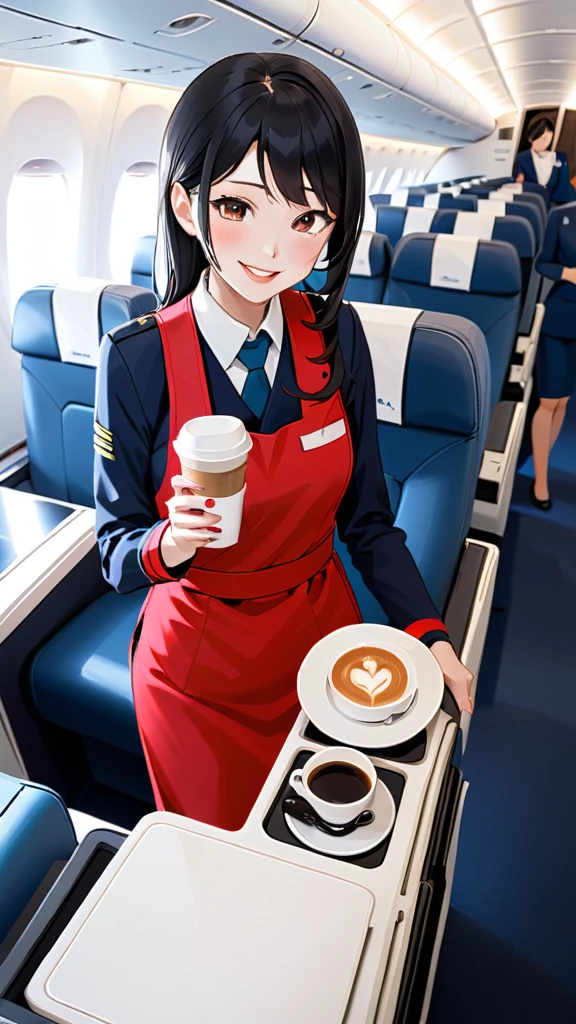Japanese cabin attendant、Black Hair、a beautiful woman wearing navy-blue air hostess uniform, Inside the plane、A cheerful smile、Providing in-flight service、wearing a red apron、Handing coffee to a customer、