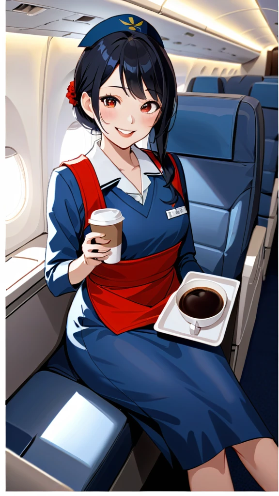 Japanese cabin attendant、Black Hair、a beautiful woman wearing navy-blue air hostess uniform, Inside the plane、A cheerful smile、Providing in-flight service、wearing a red apron、Handing coffee to a customer、