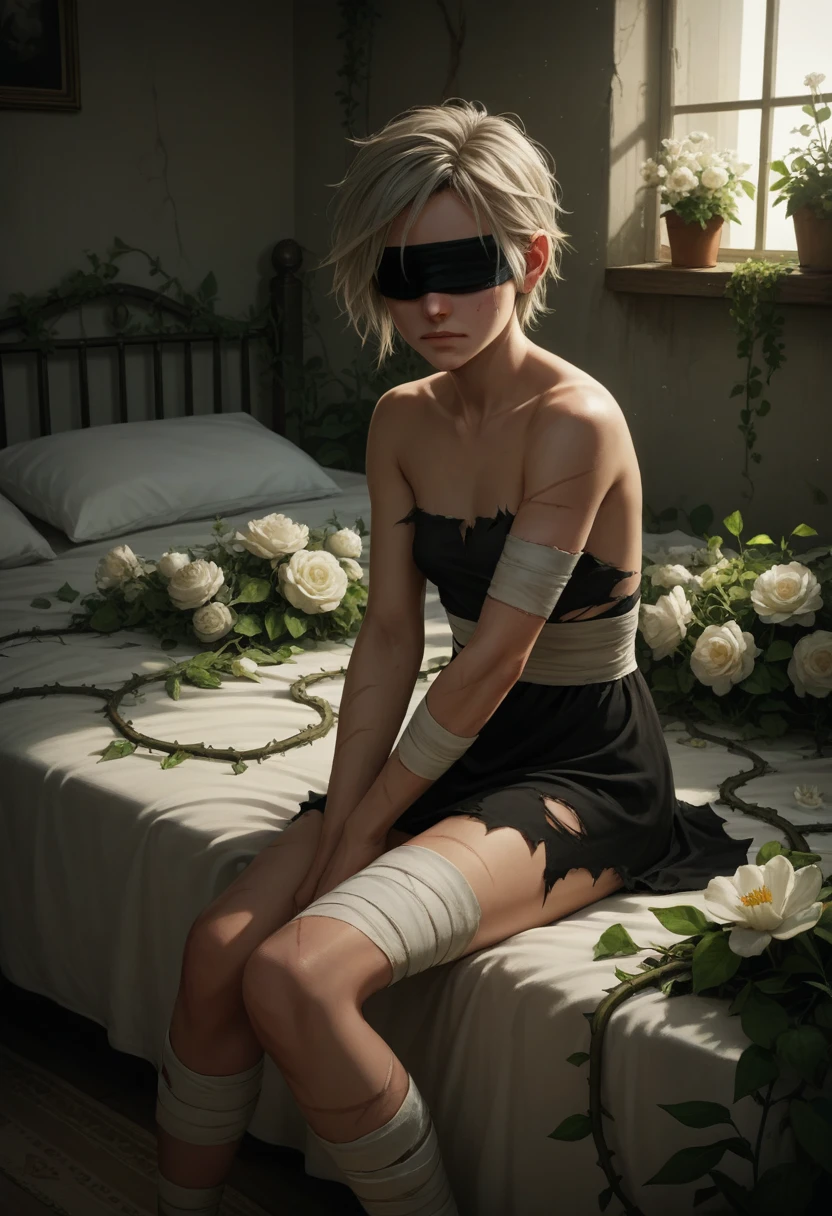 score_9, score_8_up., score_7_up, score_6_up, source_anime, absurdres, 
indoors, overgrowned, bedroom, flowers, white flowers, vines, 1girl, wide shot, blindfold, small breasts, bandage arms, bandage legs, torn dress, sitting on bed, scars on face, scars on legs, volumetric lighting, dark, (realistic)