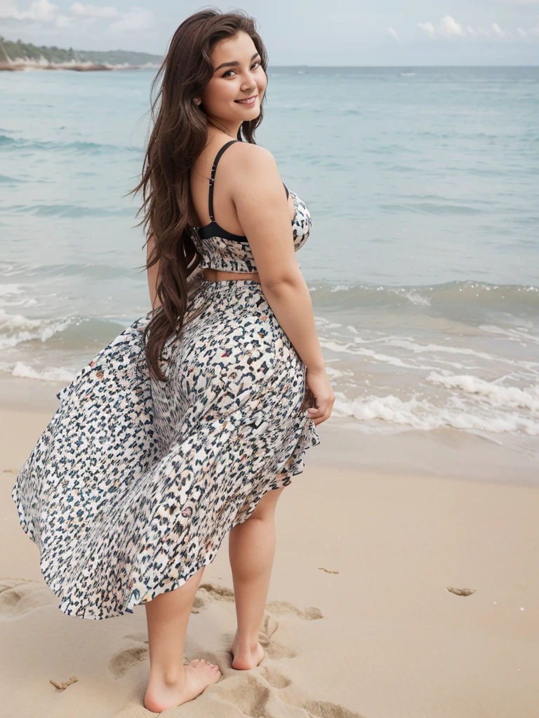 Araffe Curved short dress skirt with small breasts,Big hips Obese underwear Sea swimming and casual beach dress Smoothsky model, round shape, curved shape, attractive smile, Portrait Gabriella Linda, full-length photo, Sucier Red seducer and powerful dress