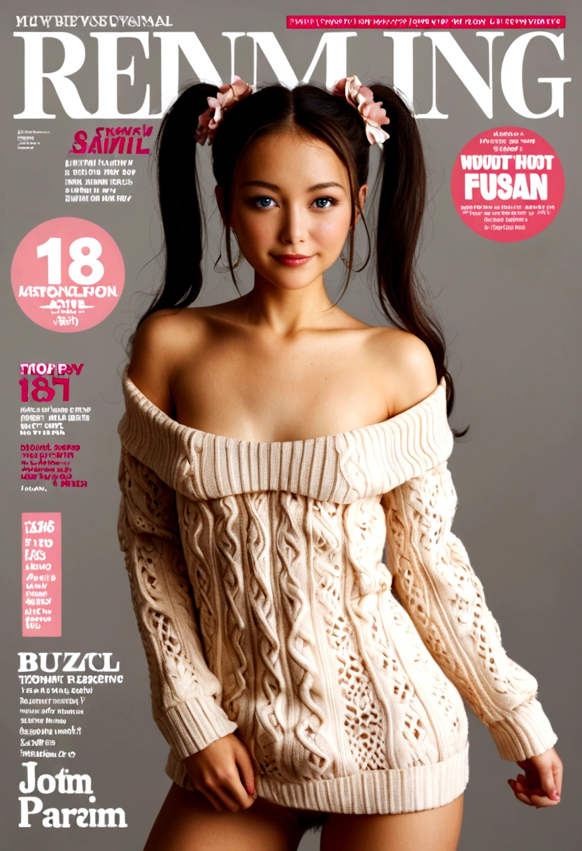 Magazine cover,Twin Tails,Beautiful sexy woman(Wear an off-shoulder sweater),,(Smooth skin),E7E48U，excited，Small Breasts，pubic hair