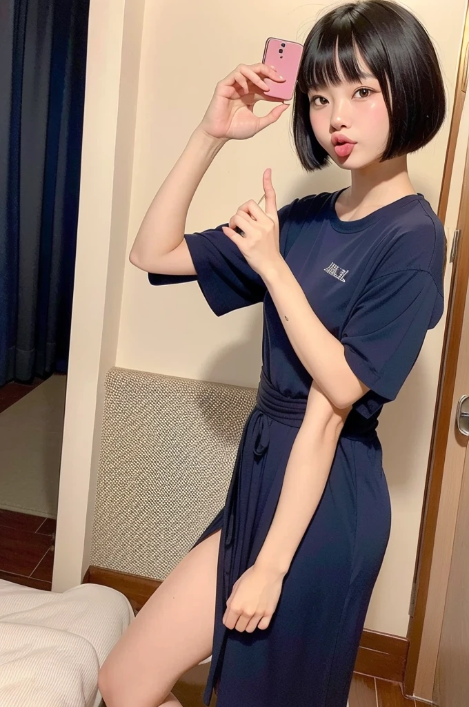 Selfie、((best quality)), ((masterpiece)), (familiar), whole body照片、standing、whole body,Real skin,best quality,(gesture,_gesture:1.25),1 girl,blush,Open_Sticking out tongue、、Small Breasts、Japanese woman、bob haircut、bright hair color、20 years old、Hotel room