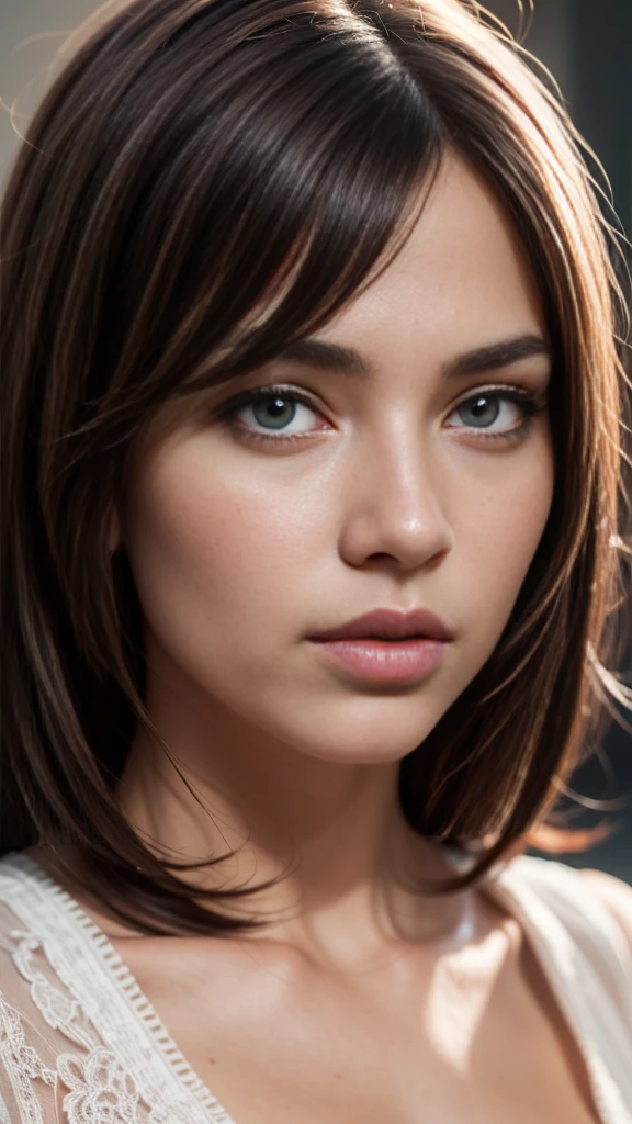 a beautiful woman, 26 years old, brunette, wispy bangs, detailed eyes, detailed lips, flawless skin, serene expression, elegant pose, soft lighting, warm color palette, cinematic composition, masterpiece, highly detailed, photorealistic, 8k, hyperrealistic