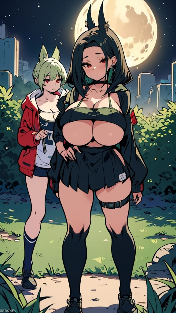 Croped, cleavage, slim waist, cropped hoodie underboob, cropped hoodieunderboobhoodie, 1girl, 2 wolf ears, wolf tail, marijuana crop hoodie, crop shorts, marijuana hoodie, spiky hair, spiky fur, green hair, red eyes,marijuana field, tight clothes, perfect eyes, perfect hands, clear resolution, full body, cleavage skin, marijuana plants, open hoodie, marijuana field, black thigh high socks, full body, earrings, 1girl, skirt,  cleavage, slim waist, cleavage, slim waist, hair pulled back, big breast, round butt, slim waist, best quality, thick thighs, D-cup breast, 4k quality, night time, full moon