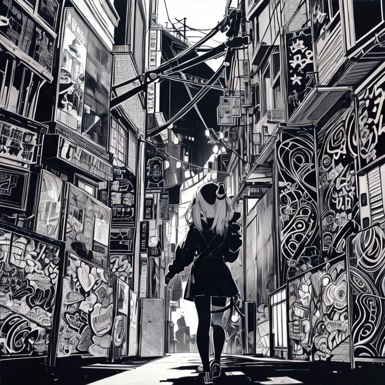 ((Line art、A picture drawn with thick lines))、Graffiti style、Street Art、Black and white painting、monochromatic、Monochrome、Flat Color、One Woman、