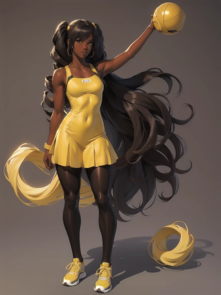 ((best quality)), ((4k)), ((highres)), ((masterpiece:1.2)). ((detailed)), ((ultra realistic)), ((intricate details)), ((full body picture)), ((character design sheet)), ((blank background)), ((standing in a blank background)), full body shot of a beautiful black female, ebony beauty, woman, 18 years old girl, dark brown skin, about 5'5 ft. tall, bushy long curly black hair, ((bushy long curly hair)), long hair, high pigtails, dressed in a yellow sleeveless babydoll dress, ((EMPHASIS ON HER YELLOW SLEEVELESS BABYDOLL DRESS)), black SHINY leggings PANTS and sneakers, fighting game character design, tekken character design, the king of fighters character concept art, character concept art, full body, 18 years old female fighter, girly girl, cute girl, girly fighter character concept art