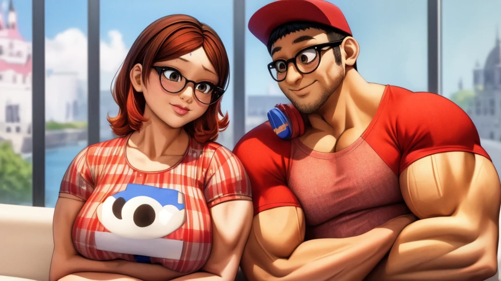 (masterpiece, best quality:1.2), A couple , boy Nino Lahiffe: Brown skin, dark hair, usually seen wearing a red cap, glasses, and casual clothing like a T-shirt and jeans, and a girl Alya Césaire: Brown skin, curly dark brown hair, often wears glasses, and typically seen in stylish, casual outfits. A casual day out with both characters in their everyday attire,Sharing a tender moment, like sitting on a rooftop overlooking Paris..(girl and boy:1), smiling, ((high resolution illustration)), ((extremely detailed)), (couple), Alya, Nino, Nino X Alya, (best quality,4k,8k,highres,masterpiece:1.2), ultra-detailed, realistic:1.37, HDR, studio lighting, extreme detail description, nino wearing a red cap, professional, vibrant colors, bokeh, ((muscular female bodybuilder)), detailed lips, strong embrace, romantic scene, intimate moment, intense passion, athletic bodies, fitness couple, gym background, muscular definition, sculpted muscles, sweat glistening,muscular
