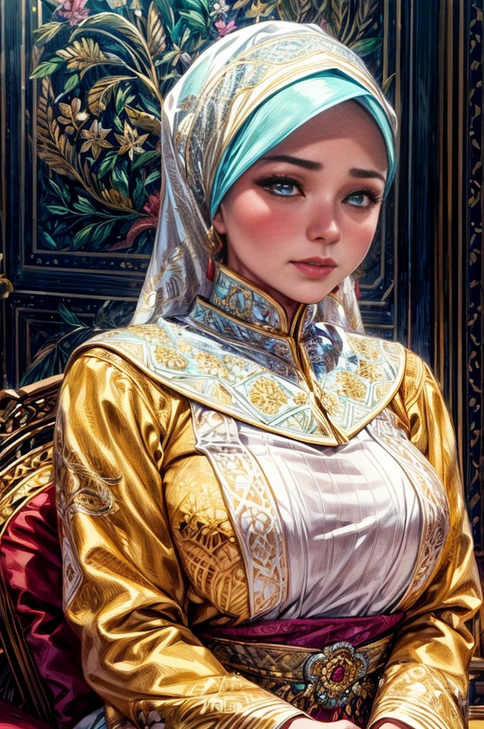 beautiful young woman in traditional indonesian kebaya dress, long sleeves, headscarf, serene expression, detailed facial features, intricate embroidered patterns, elegant pose, soft natural lighting, photorealistic, highly detailed, 8k, cinematic, dramatic, warm color tones