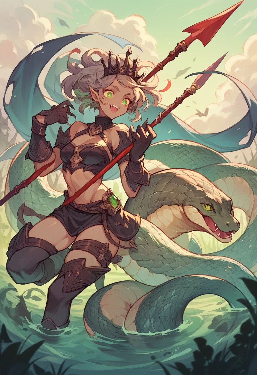 a snake demon with a spear with green eyes in a dark river full of wild animals wearing a crown