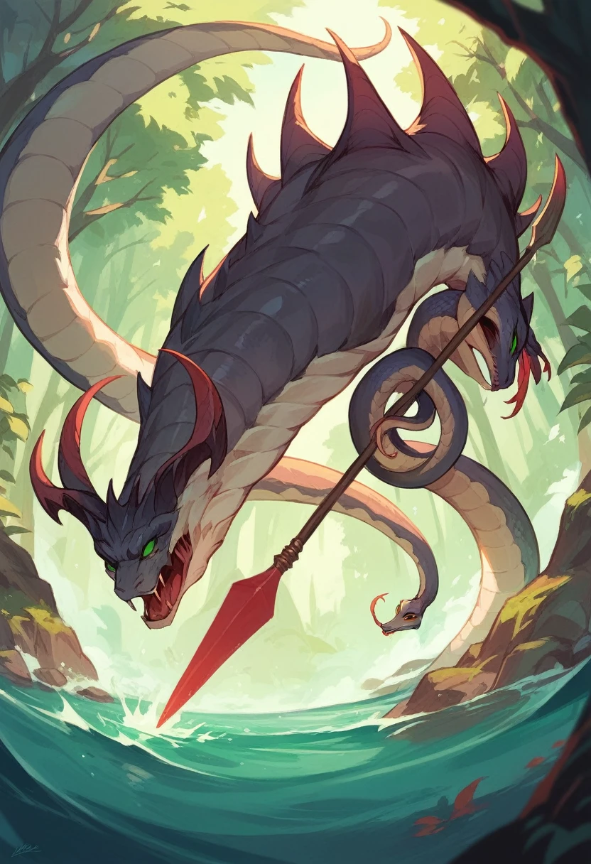a snake demon with a spear with green eyes in a dark river full of wild animals wearing a crown