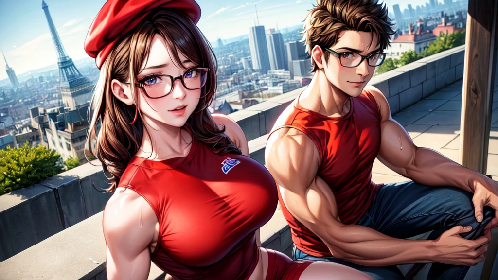 (masterpiece, best quality:1.2), A couple , boy Nino Lahiffe: Brown skin, dark hair, usually seen wearing a red cap, glasses, and casual clothing like a T-shirt and jeans, and a girl Alya Césaire: Brown skin, curly dark brown hair, often wears glasses, and typically seen in stylish, casual outfits. A casual day out with both characters in their everyday attire,Sharing a tender moment, like sitting on a rooftop overlooking Paris..(girl and boy:1), smiling, ((high resolution illustration)), ((extremely detailed)), (couple), Alya, Nino, Nino X Alya, (best quality,4k,8k,highres,masterpiece:1.2), ultra-detailed, realistic:1.37, HDR, studio lighting, extreme detail description, nino wearing a red cap, professional, vibrant colors, bokeh, ((muscular female bodybuilder)), detailed lips, strong embrace, romantic scene, intimate moment, intense passion, athletic bodies, fitness couple, gym background, muscular definition, sculpted muscles, sweat glistening,muscular