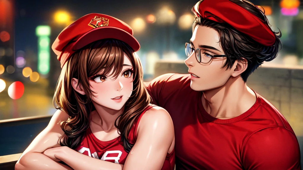 (masterpiece, best quality:1.2), A couple , boy Nino Lahiffe: Brown skin, dark hair, usually seen wearing a red cap, glasses, and casual clothing like a T-shirt and jeans, and a girl Alya Césaire: Brown skin, curly dark brown hair, often wears glasses, and typically seen in stylish, casual outfits. A casual day out with both characters in their everyday attire,Sharing a tender moment, like sitting on a rooftop overlooking Paris..(girl and boy:1), smiling, ((high resolution illustration)), ((extremely detailed)), (couple), Alya, Nino, Nino X Alya, (best quality,4k,8k,highres,masterpiece:1.2), ultra-detailed, realistic:1.37, HDR, studio lighting, extreme detail description, nino wearing a red cap, professional, vibrant colors, bokeh, ((muscular female bodybuilder)), detailed lips, strong embrace, romantic scene, intimate moment, intense passion, athletic bodies, fitness couple, gym background, muscular definition, sculpted muscles, sweat glistening,muscular