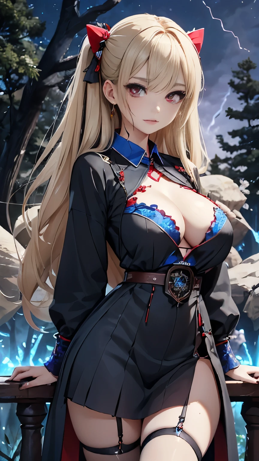 Highest quality, Highest quality, 16K, Unbelievably absurd, Very detailed, 2.5D, delicate and dynamic, forest, Moonlit Night, storm, thunderstorm, Scary Sky, Tiny faint lights and colorful lights, Many big trees, 巨大な複雑な模様のmagic陣, magic, Small face, Very delicate facial expressions, Delicate eye depiction, Upper body close-up,, erotic, dynamic sexy poses, Chinese zombie, One sexy chinese zombie woman, Healthy body shape, 24-year-old woman, doaxvv_marie rose, witch, Height: 170cm, huge firm bouncing busts, , blonde very long wavy hair, twin tail,, Glaring at the camera, Looking up, Invincible laughter, A complex Chinese-style zombie dress, , , garter belt, Brown Loafers, The big branches tighten around my body