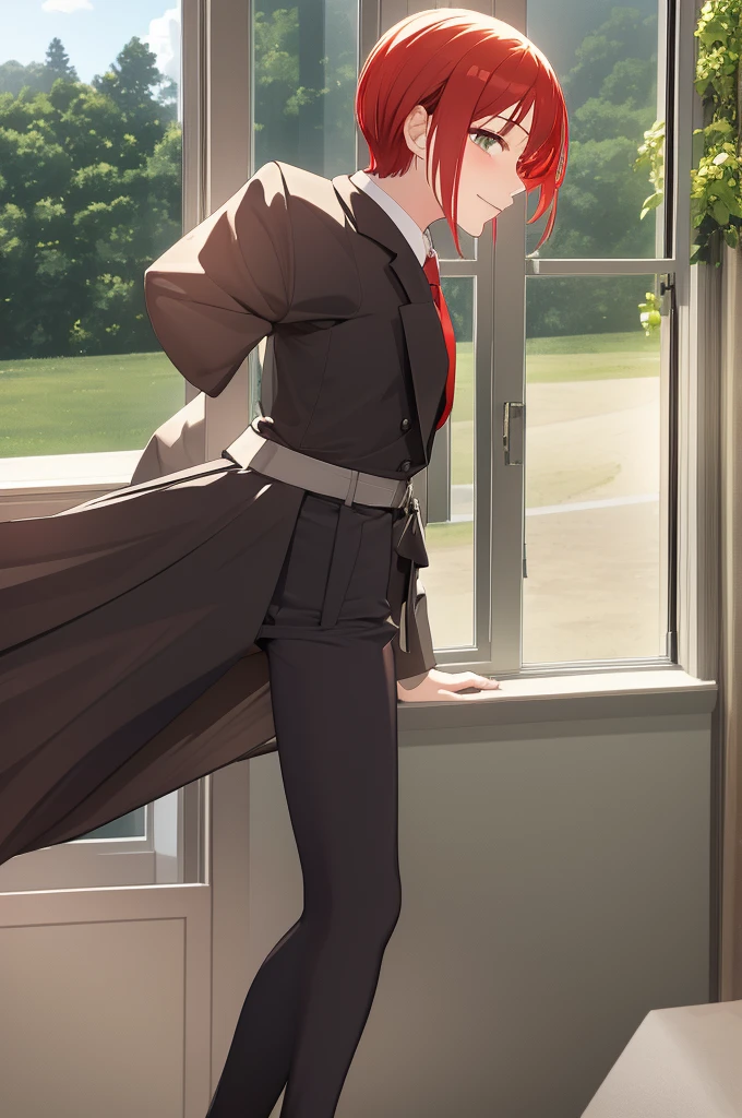 1girl, formal suit open, stockings, red short hair, slightly smiling, sunny day, a window behind 